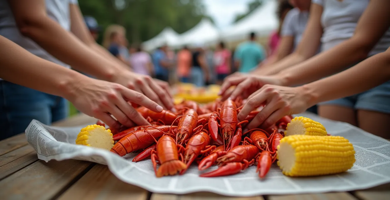 Traditional crawfish boil spread on outdoor table during Louisiana spring festival