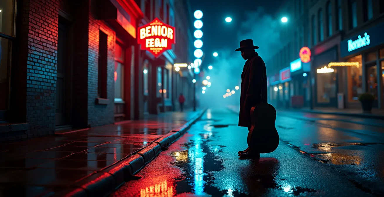 Atmospheric night scene of historic Beale Street with neon glow and silhouetted musicians