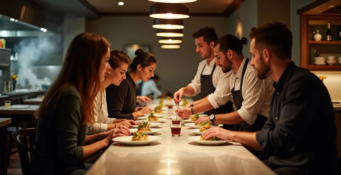 Elegant chef's counter at upscale restaurant with diners watching culinary preparation
