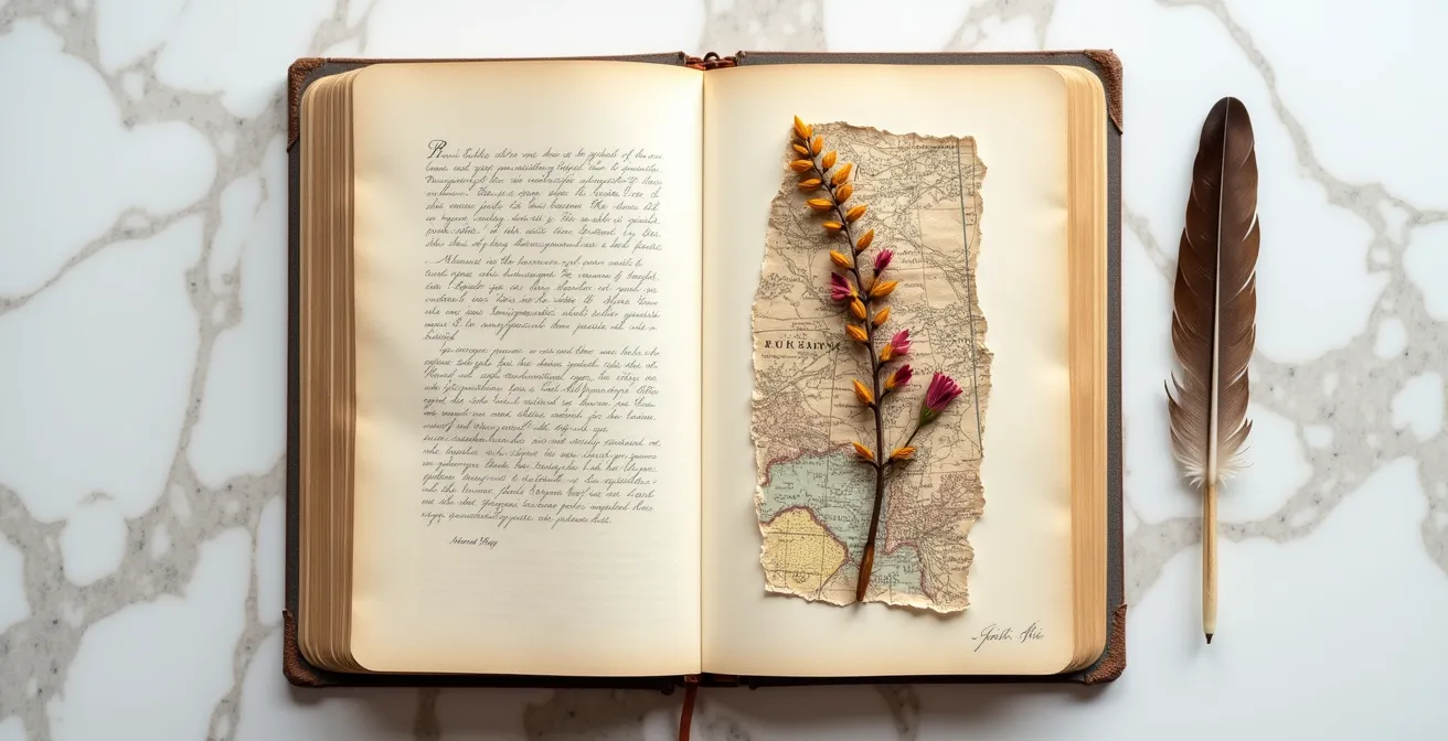 Elegant travel journal spread with pressed flowers, vintage map pieces, and clean layout