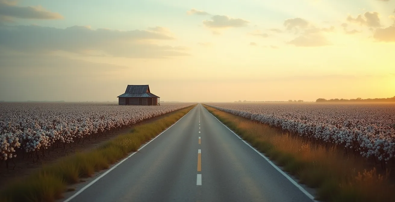 Empty rural highway cutting through expansive cotton fields at sunset