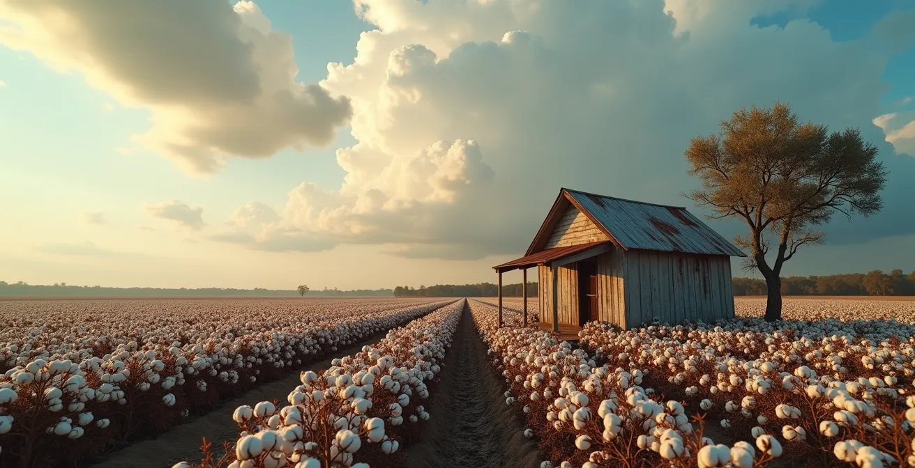 Abandoned sharecropper cabin in vast Delta cotton field under dramatic sky