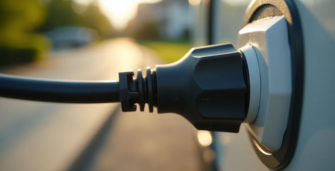 Close-up of proper RV electrical adapter connection to household outlet
