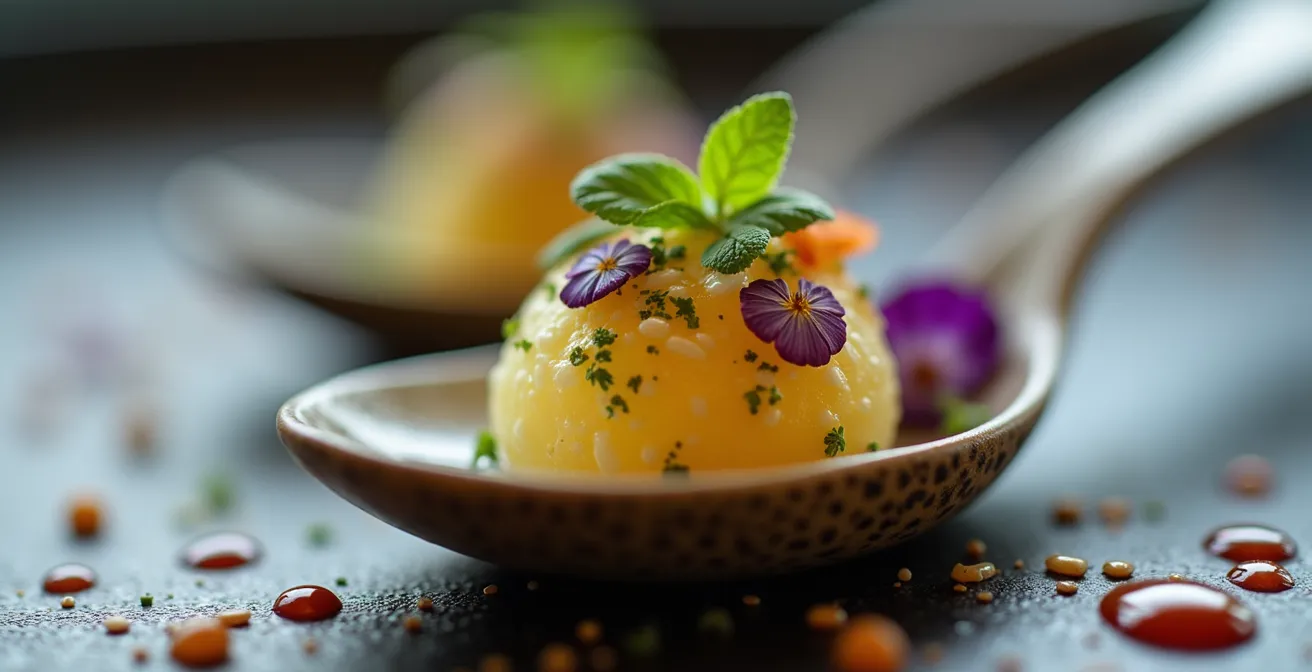Aerial view of elegantly plated tasting menu courses arranged in sequence