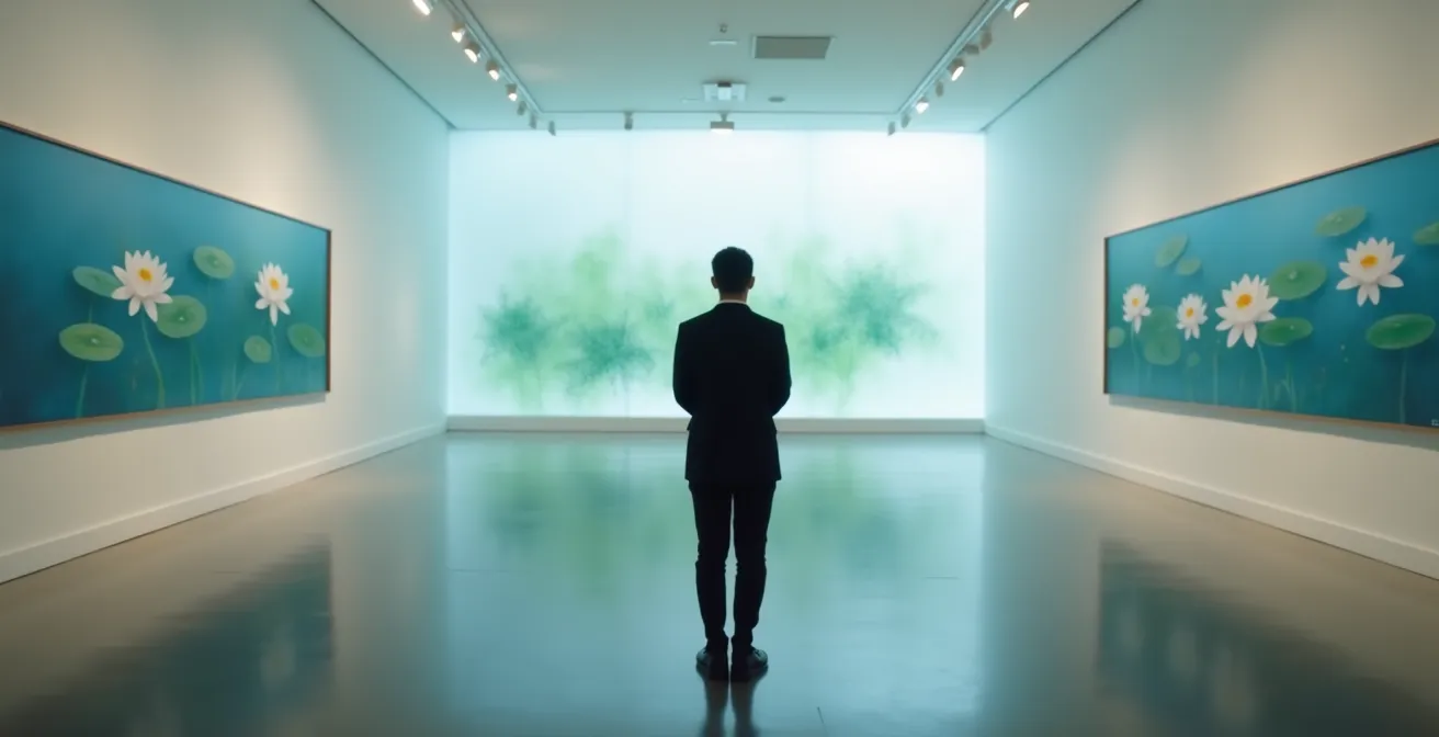 Solitary visitor experiencing Monet's Water Lilies gallery in contemplative silence