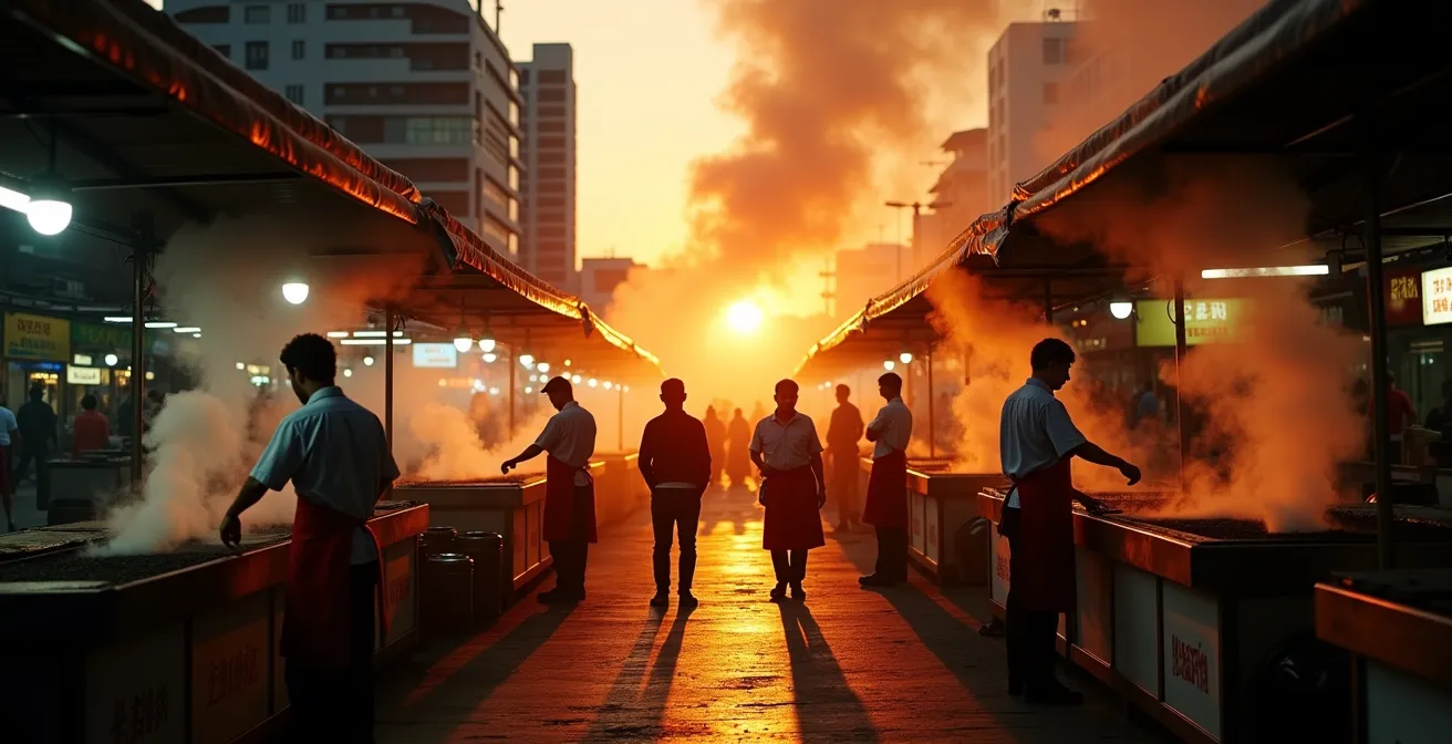 Evening food market scene with smoke from barbecue grills creating atmospheric lighting