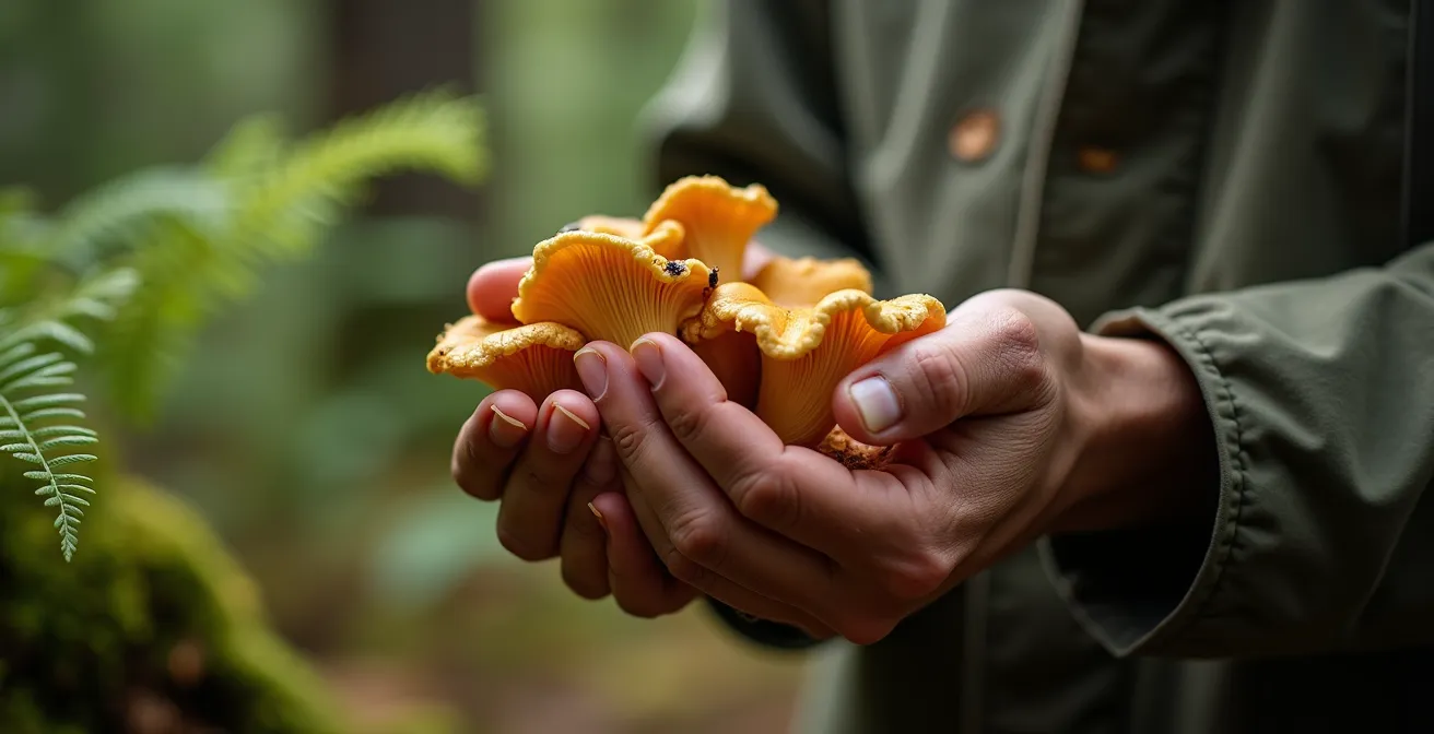 Forager collecting wild mushrooms in misty Pacific Northwest forest
