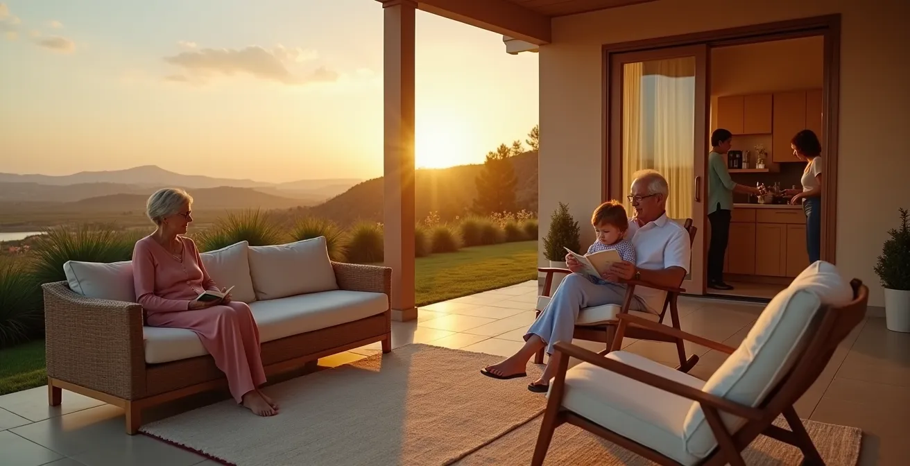 Three generations relaxing together during golden hour at a vacation rental