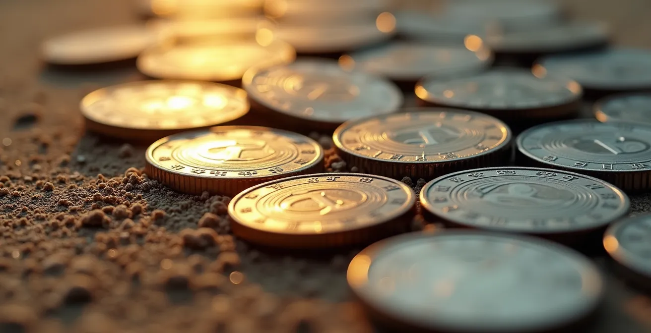 Abstract representation of declining value over time with coins and hourglass