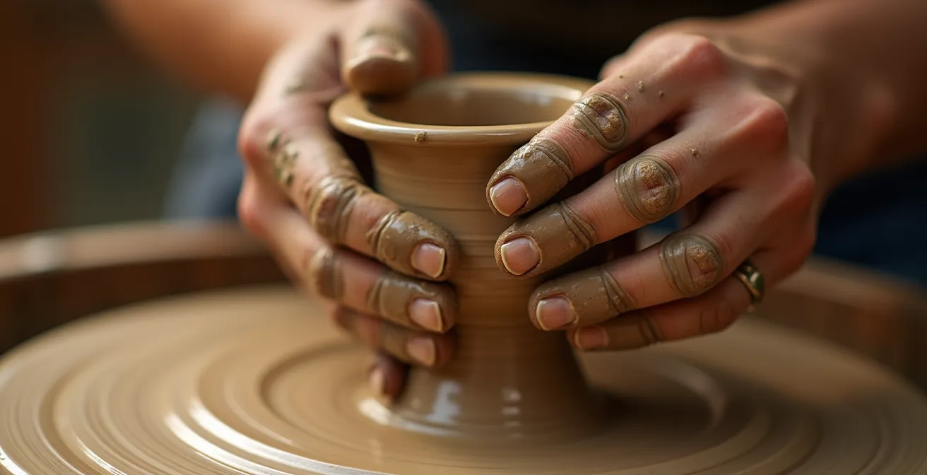 Students gathered around pottery wheels in a circle formation during a group critique session in a Santa Fe studio