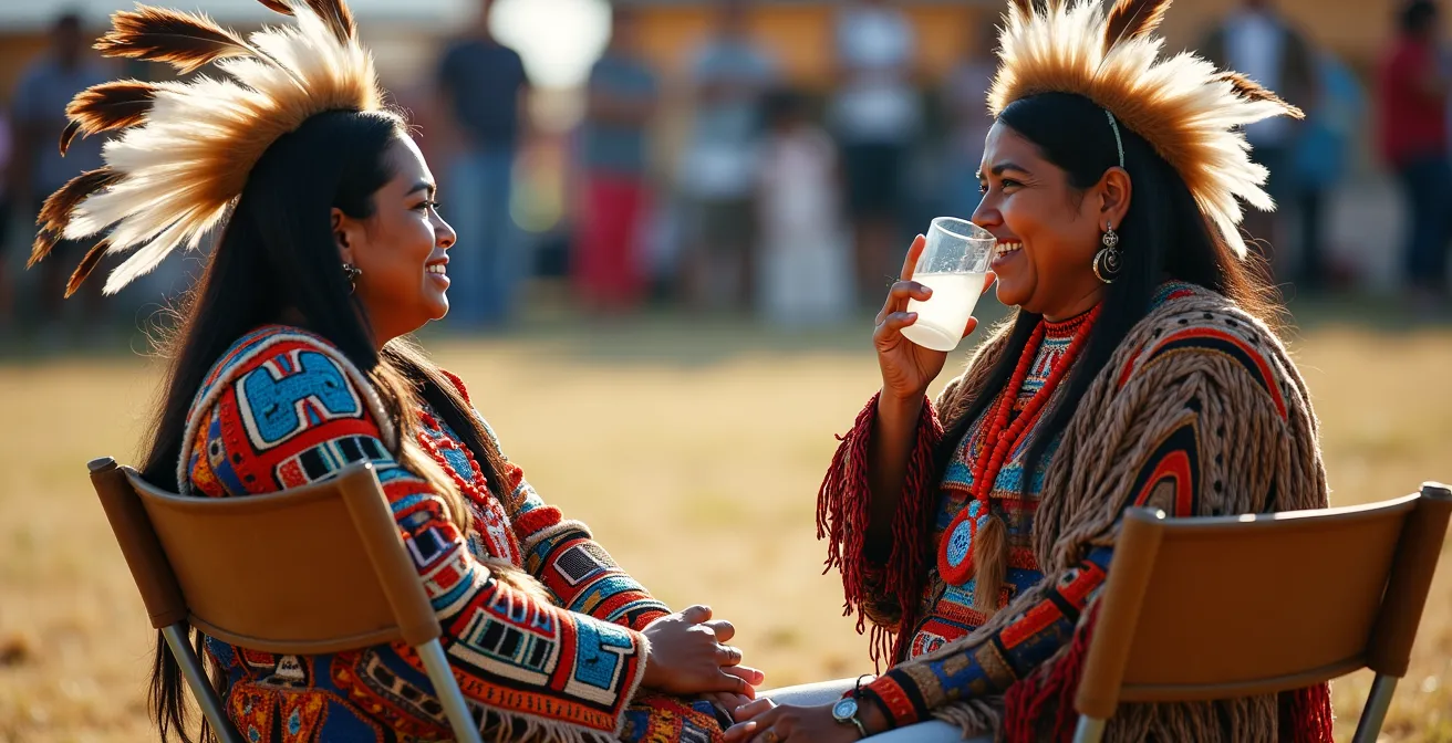 Native American dancers in colorful regalia sitting and resting in shade between dance performances
