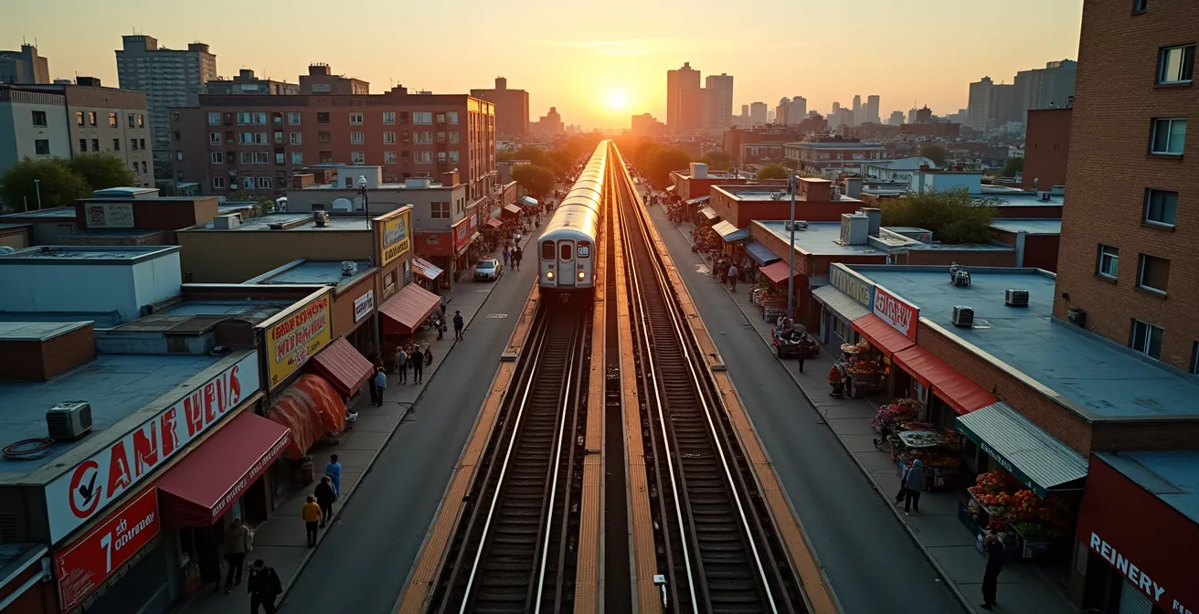 Elevated 7 train passing through diverse Queens neighborhoods with food markets below