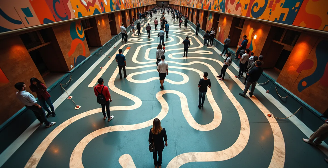 Overhead view of Disney queue design showing switchback patterns and themed elements
