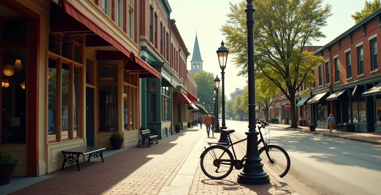 Peaceful small town street on a quiet weekday showing closed local shops