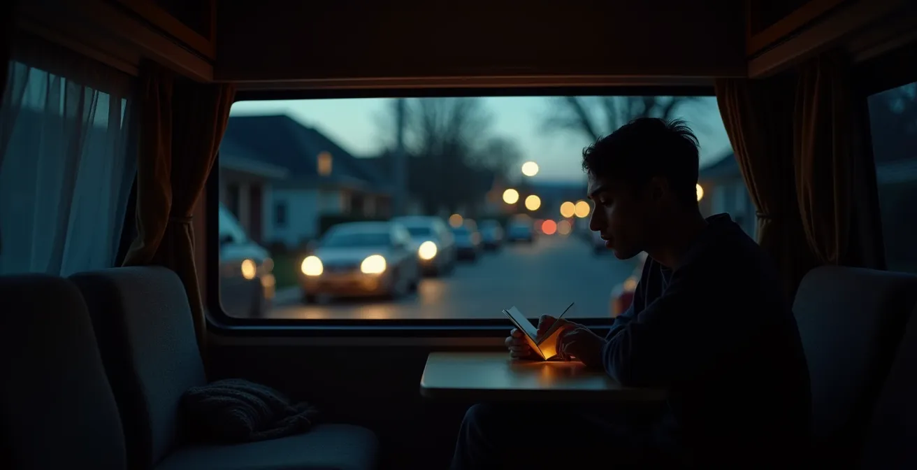 Stealth camper van parked quietly on urban street at night with minimal lighting