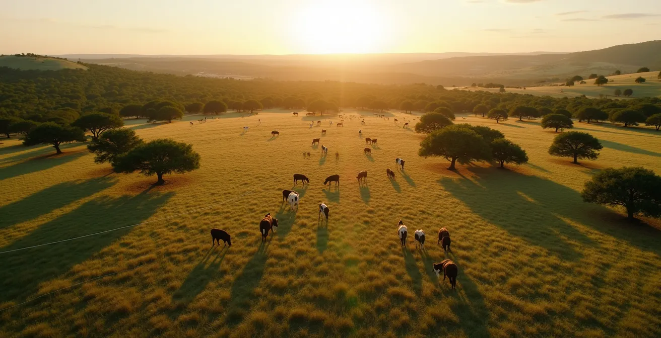 Aerial view of regenerative cattle ranch in Texas Hill Country