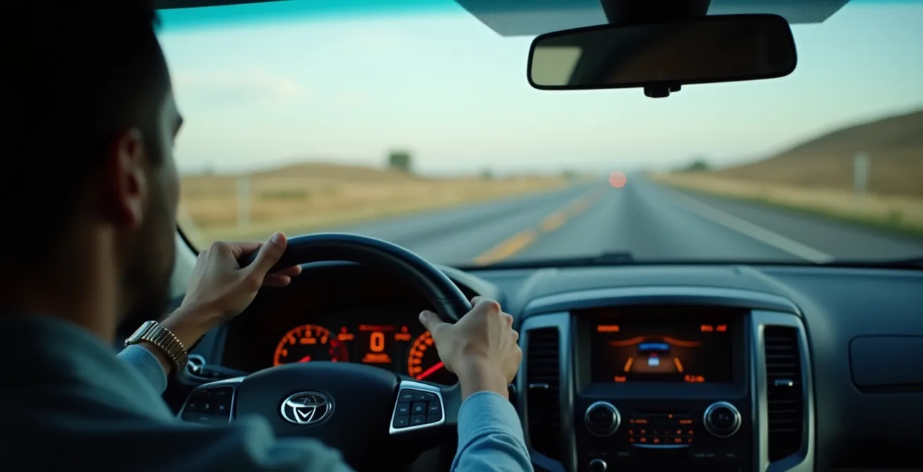 View from inside rental car on US highway with speed limit signs visible