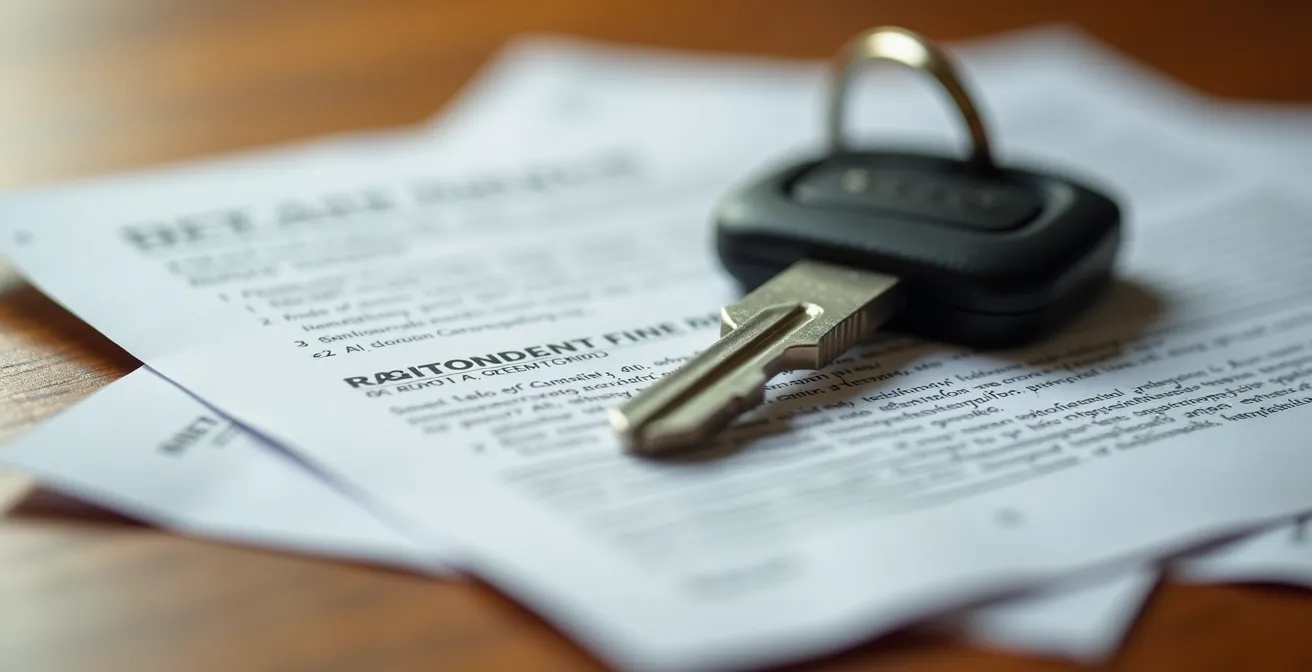 Extreme close-up of rental car insurance paperwork with keys on wooden desk
