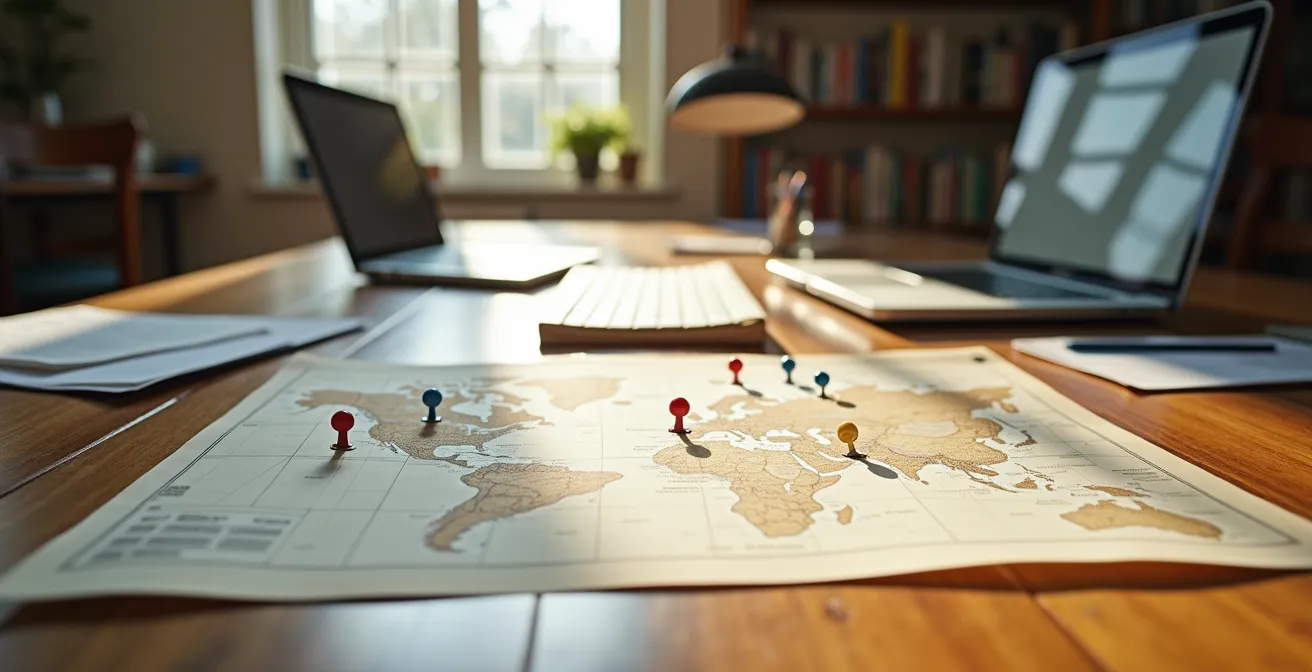 Person arranging family history research materials with maps and digital tools