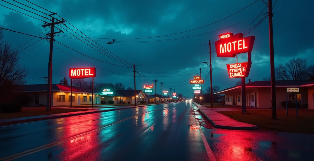 Historic motel neon signs glowing against deep blue twilight sky in desert town