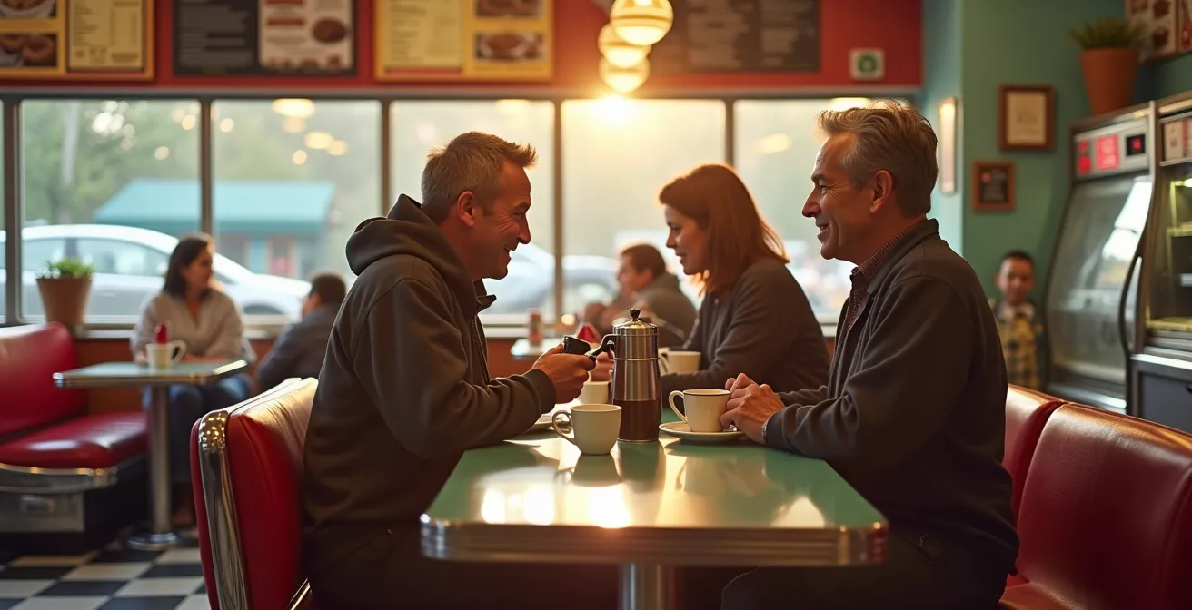 Interior view of a classic American rural diner with chrome stools and warm lighting