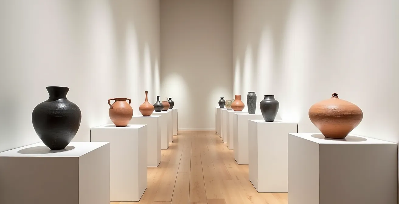 Traditional Pueblo pottery vessels displayed alongside contemporary Santa Fe ceramics in a gallery setting