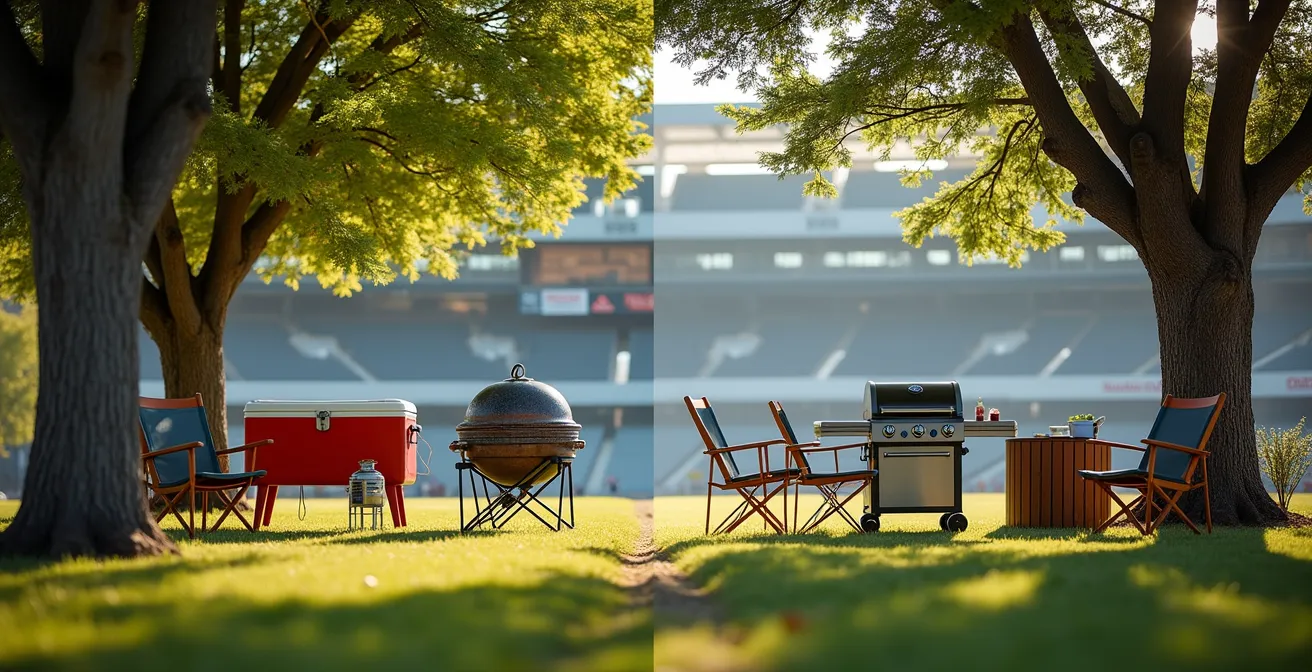 Split scene showing traditional tent tailgating versus modern luxury RV setup
