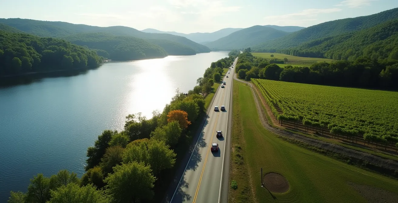 Aerial view of Seneca Lake showing winding roads and strategic winery route planning