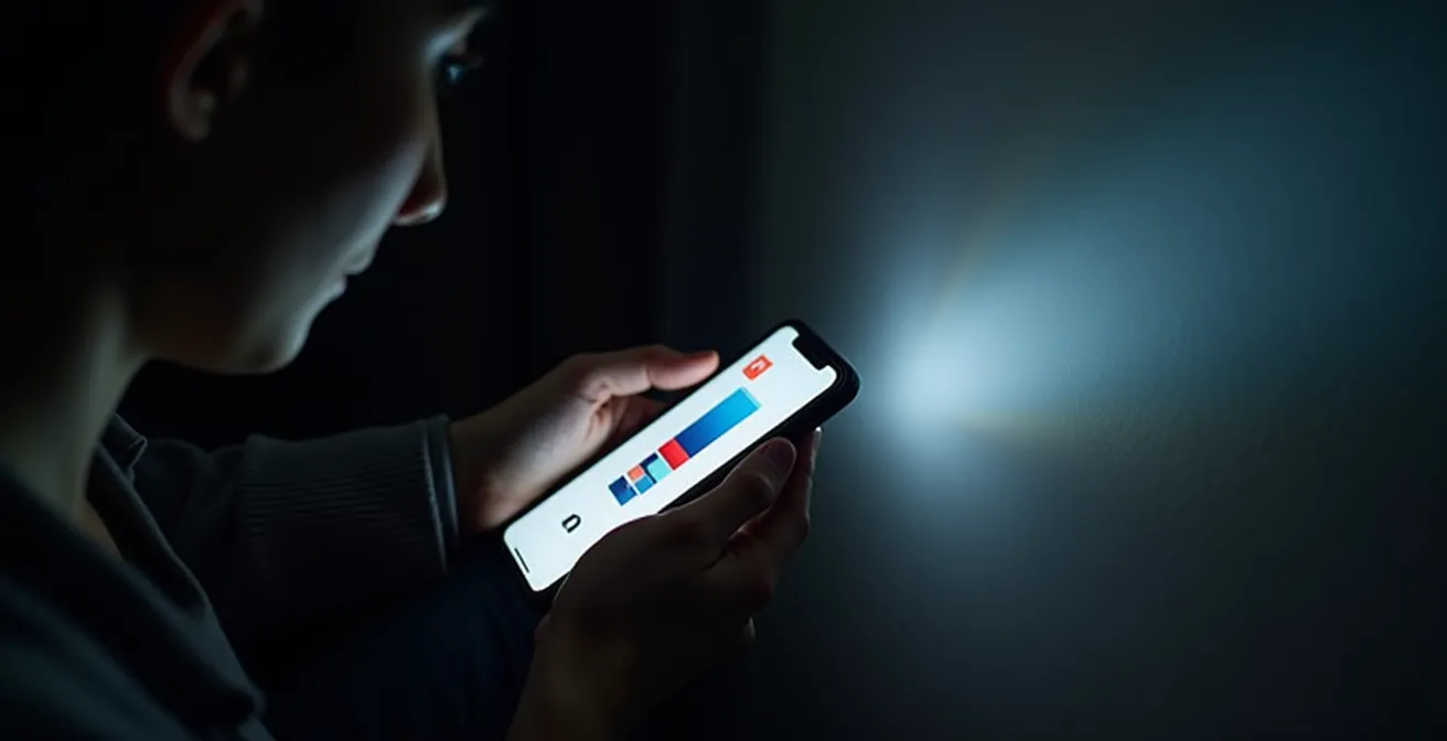 Person using smartphone flashlight to inspect room corners and devices
