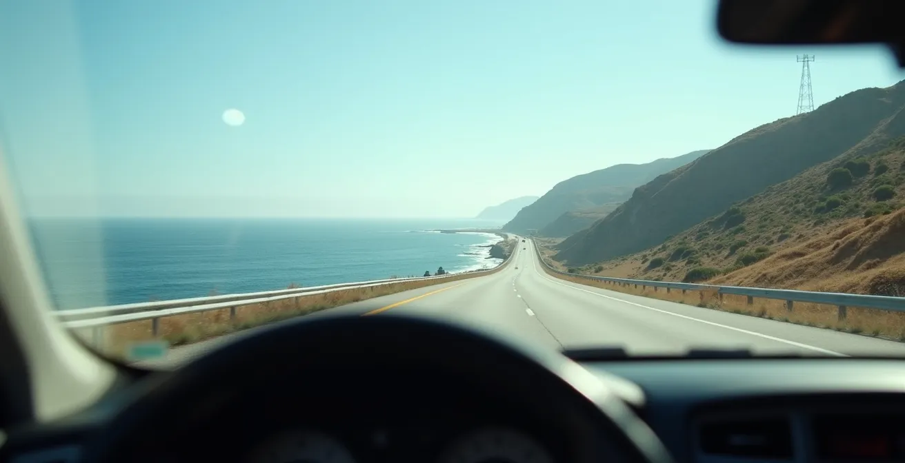 Driver perspective from southbound lane showing unobstructed Pacific Ocean views with pullout areas visible ahead