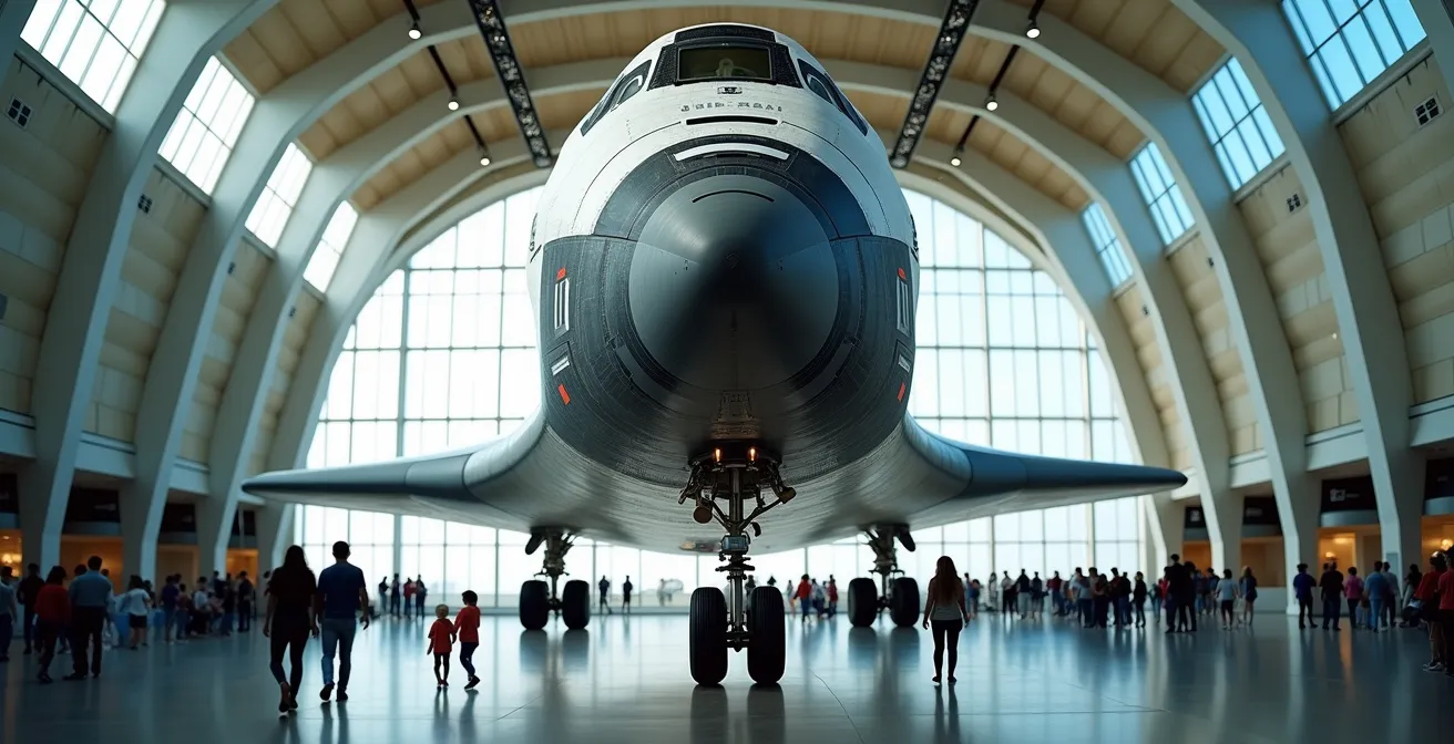 Visitors dwarfed by Space Shuttle Atlantis at National Air and Space Museum