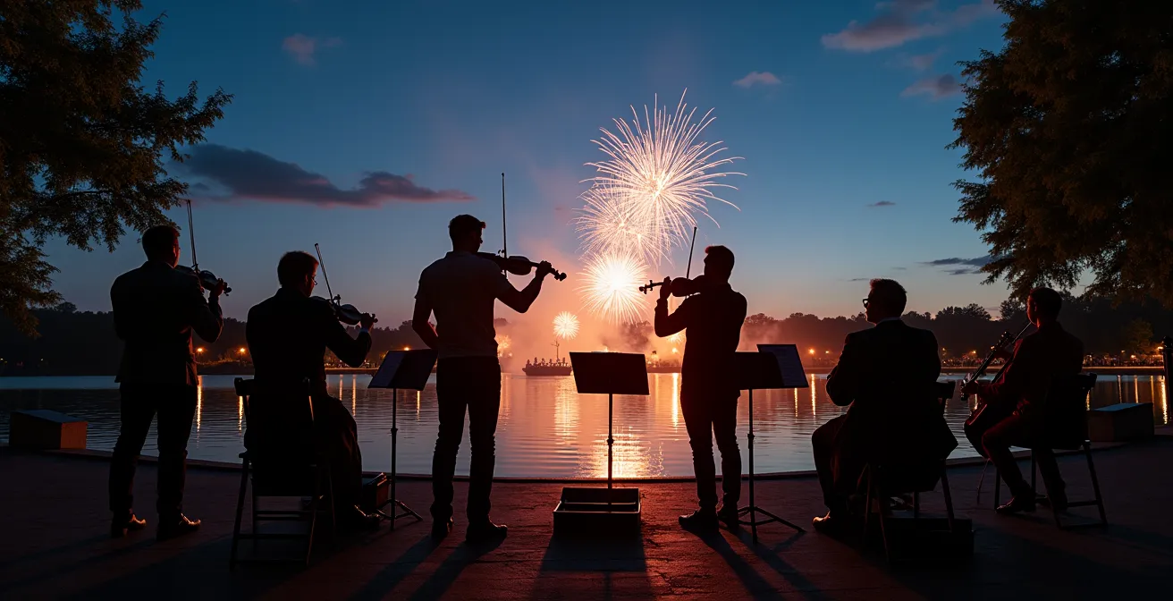 Boston Pops orchestra performing at Hatch Shell with fireworks bursting overhead in evening sky