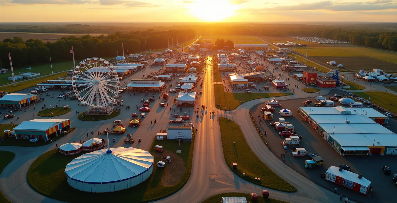 Wide aerial view of a state fairground showing colorful tents, rides, and pathways with crowds