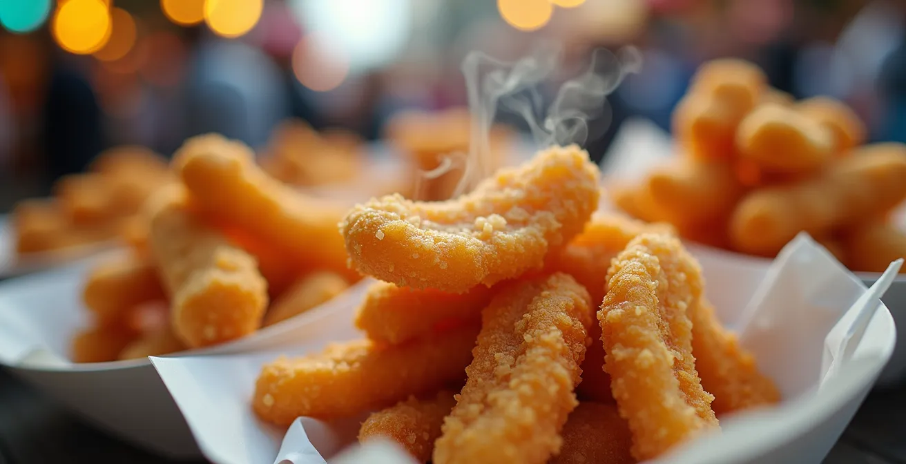 Close-up macro shot of golden deep-fried fair foods with steam rising and glistening texture