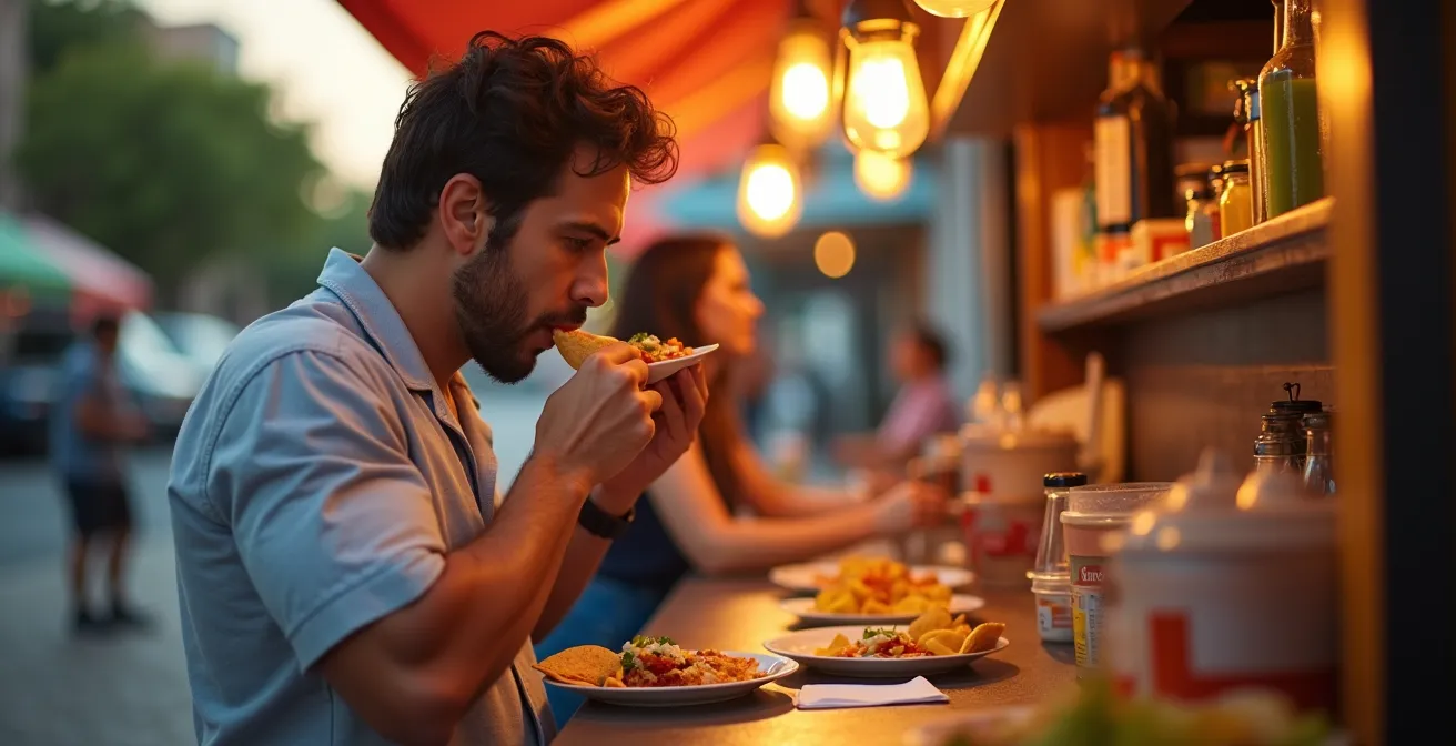Person demonstrating proper taco-eating stance with strategic lean and plate positioning