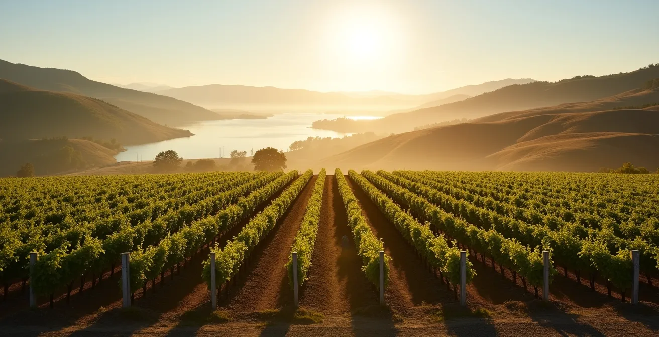 Split-view landscape showing Finger Lakes vineyard versus Columbia Valley vineyard terroirs