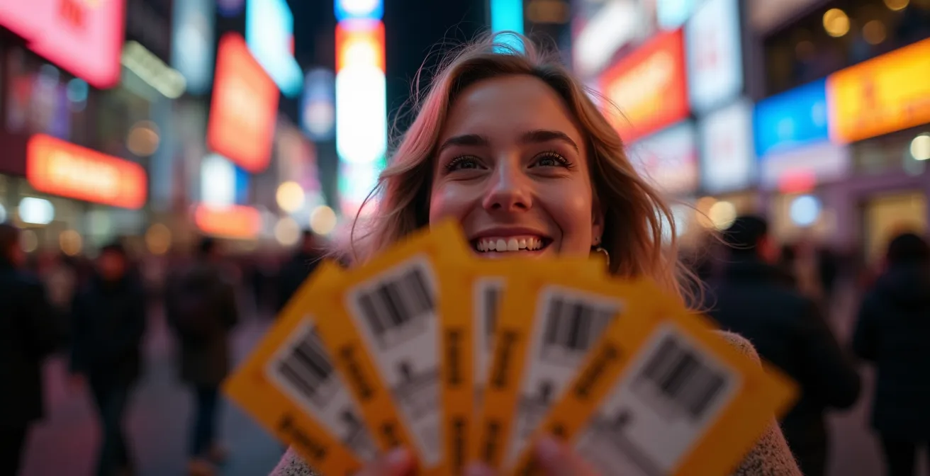 TKTS booth with red steps surrounded by evening crowd in Times Square