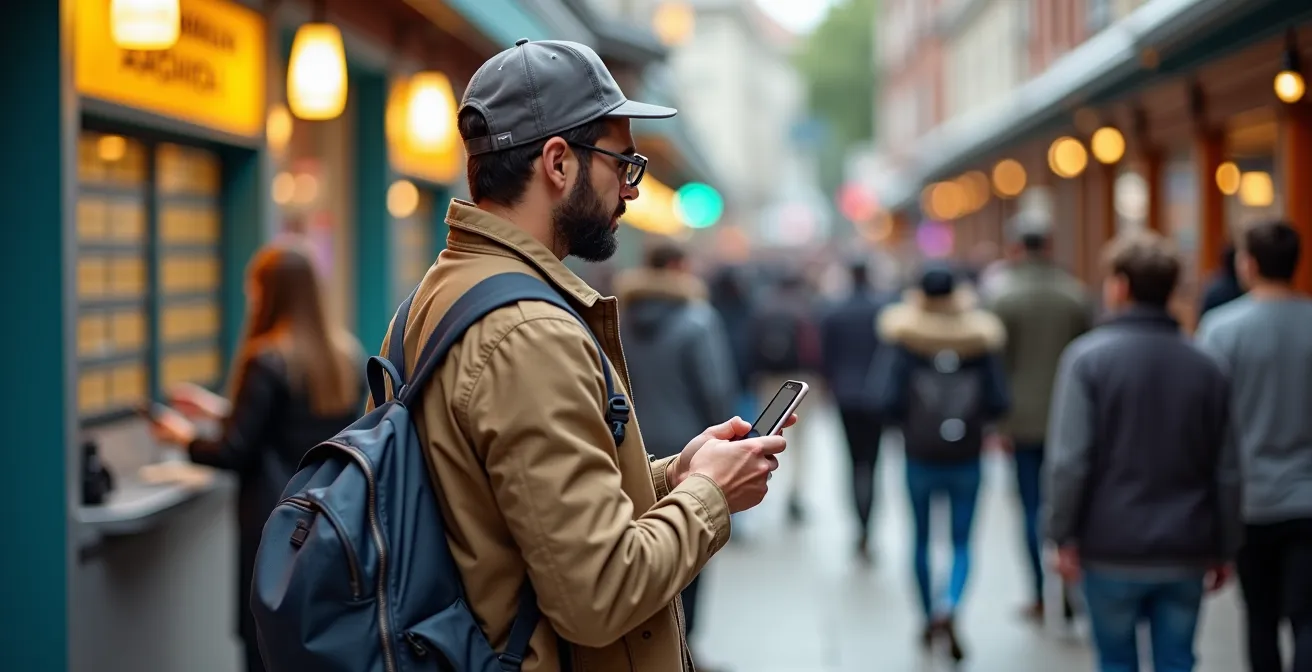 Person checking smartphone while standing near discount ticket booth in Las Vegas with strategic positioning away from crowds