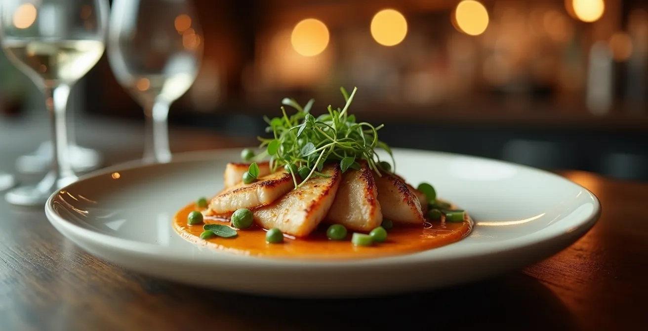 Macro shot of an elegantly plated dish on a bar counter with shallow depth of field