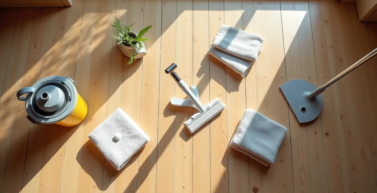 Overhead view of cleaning supplies arranged on wooden floor