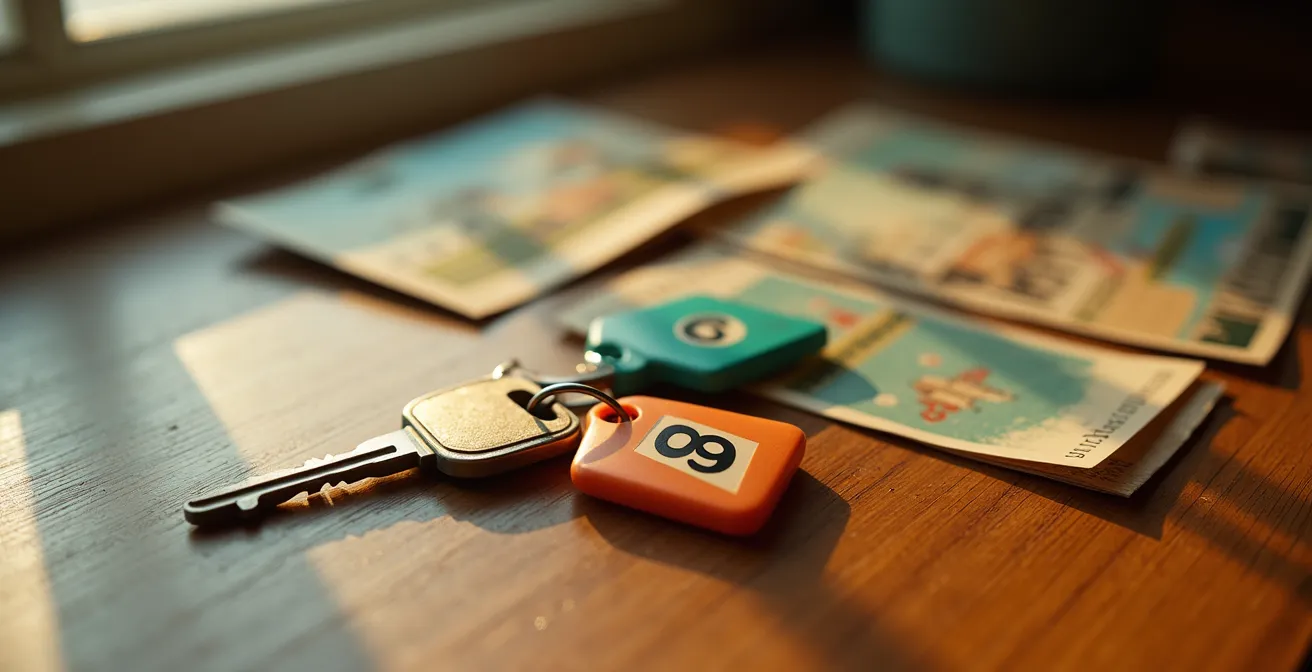 Close-up macro shot of vintage motel ephemera including room keys, matchbooks and postcards arranged on a wooden surface