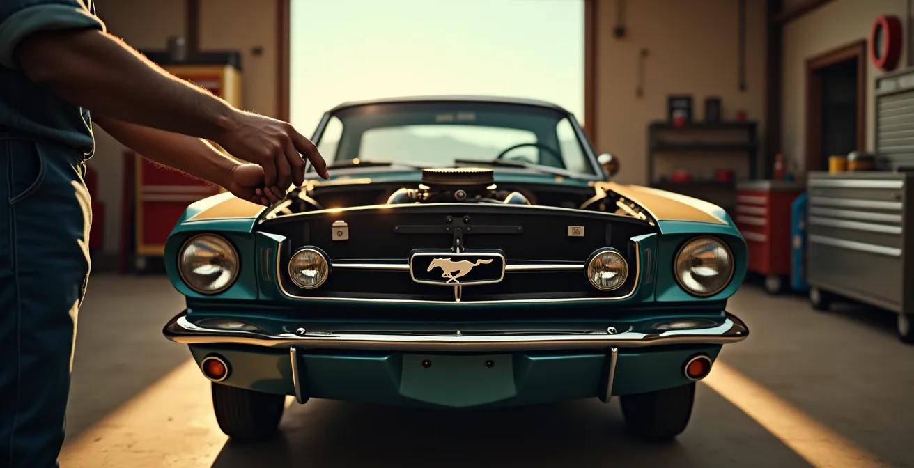 Classic red Mustang being serviced in vintage garage with desert vista visible through open doors