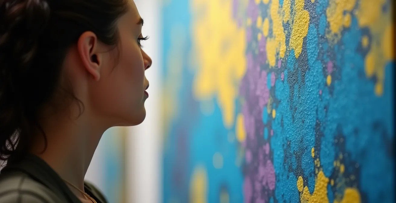 Museum visitor closely examining brushwork details of a Monet painting