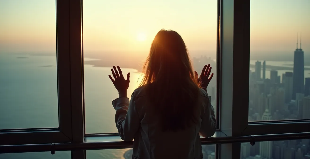 Dramatic perspective from Willis Tower glass ledge showing Chicago street grid below