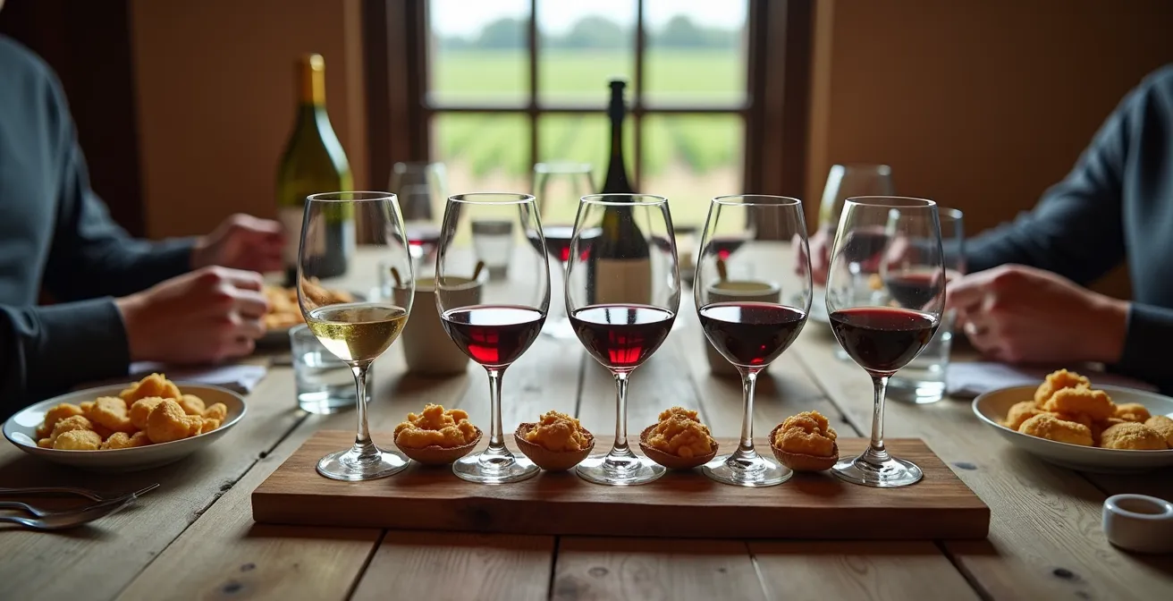 Close-up of professional wine tasting setup with multiple glasses and proper spitting technique demonstration