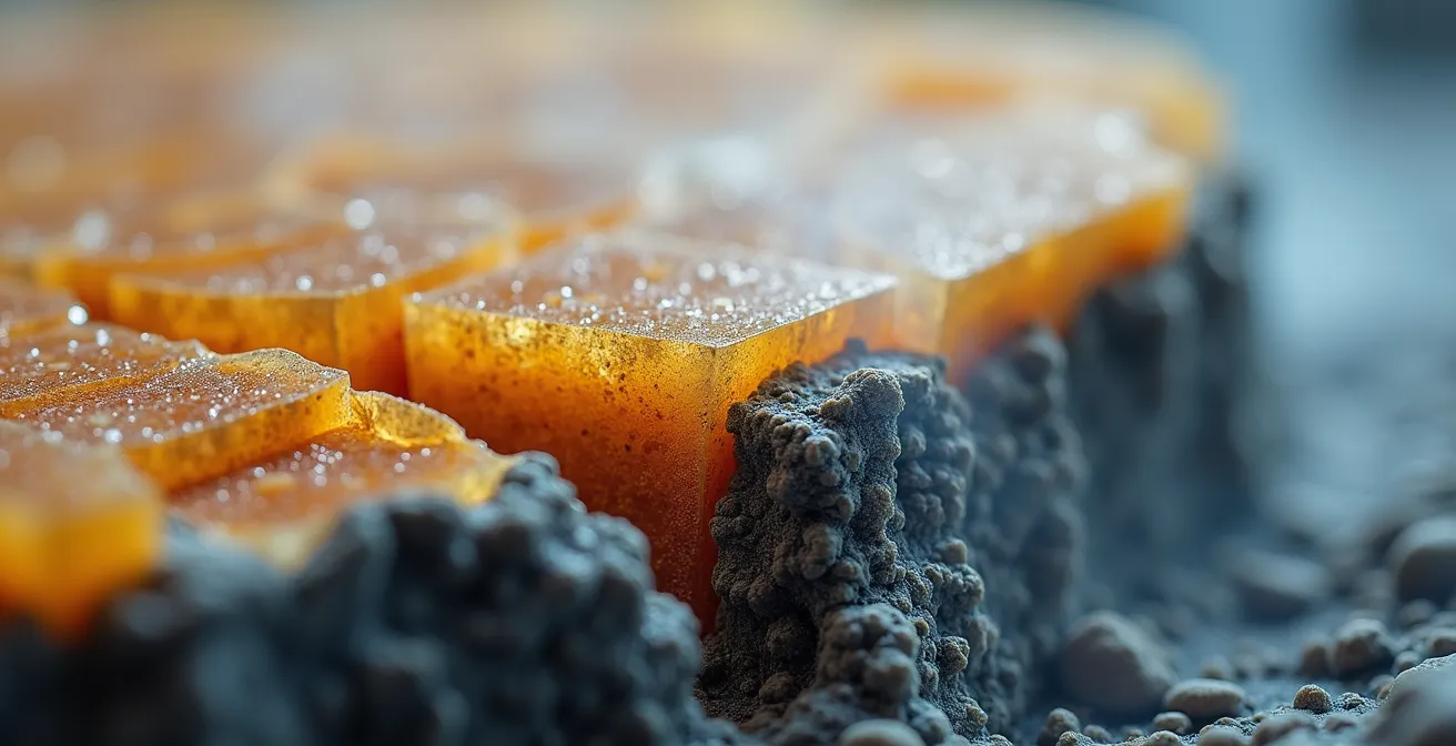 Cross-section view of Yellowstone's thin sinter crust over boiling water