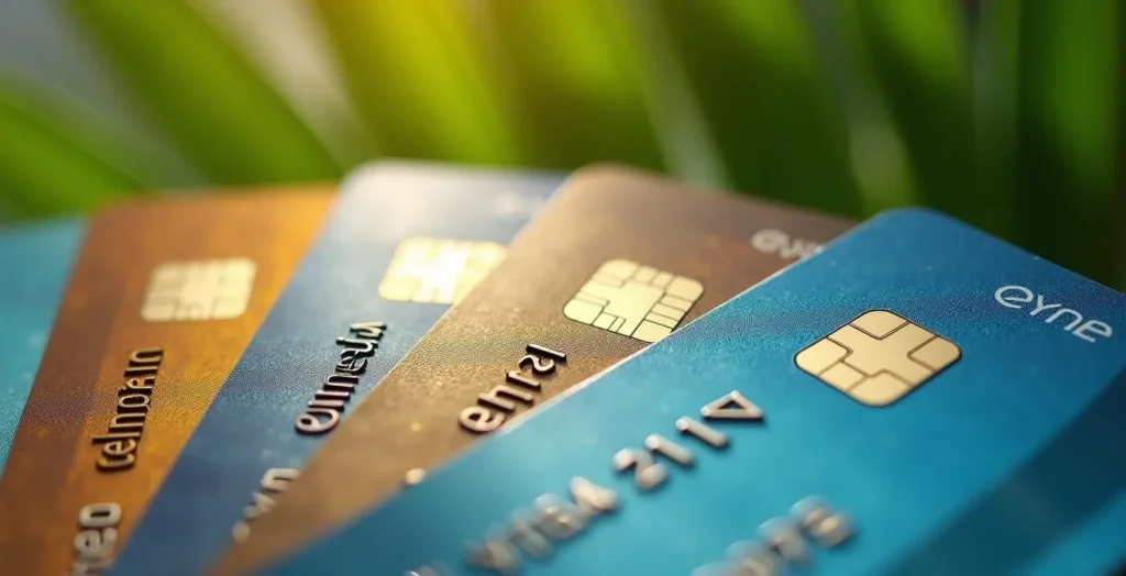 Extreme close-up of credit cards with Hawaii travel rewards features Extreme close-up of credit cards with Hawaii travel rewards features